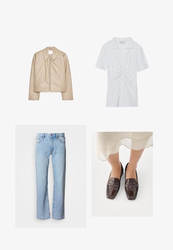 Beige cropped jakke lavet af struktureret kunstlæder, med stor krave, lynlåslukning foran og to sidelommer.; Hvid kortærmet blouse med krave, der har en snoet knude detalje foran og en knaplukning. Glat ribbet tekstur.; Lyseblå denim flared jeans med knap og lynlås, fem lommer og kontrastsyninger. Glat tekstur og afslappet pasform.; Brune læderloafer med en blank finish, der har en firkantet tå, synlige sømme og en lav, flad hæl.