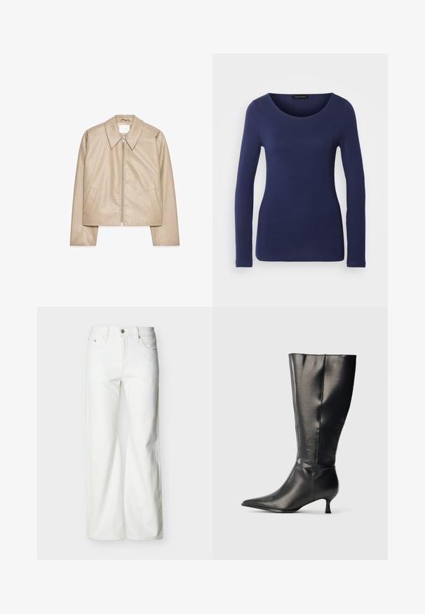 Beige cropped jakke lavet af struktureret kunstlæder, med stor krave, lynlåslukning foran og to sidelommer.; Marineblå langærmet T-shirt lavet af blødt materiale med rund halsudskæring og tætsiddende design. Ingen synlige mønstre eller accenter.; Hvide jeans med høj talje og lige ben, med forreste knap, lynlåslukning samt sidelommer og baglommer, mod en ensartet lys baggrund.; Sort knæhøj læderstøvle med spids tå og lav kittenhæl, vist på en enkel lys baggrund.