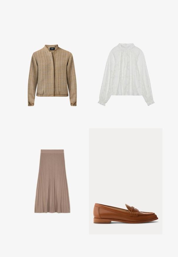 Leichte, strukturierte Jacke in einem warmen goldbraunen Farbton mit Stehkragen, Knopfverschluss und elastischen Handgelenkbündchen.; Weiße Bluse mit langen Ärmeln, mit einem strukturierten Blumenmuster, gerafftem Ausschnitt und elastischen Bündchen. Weicher, leichter Stoff.; Taupefarbener, knielanger, plissierter Rock mit elastischem Bund, flach auf weißem Hintergrund präsentiert.; Brauner Lederloafer mit niedrigem Holzabsatz, klassischem Pennyriemen und genähten Details entlang der Zehen- und Seitenpartien.