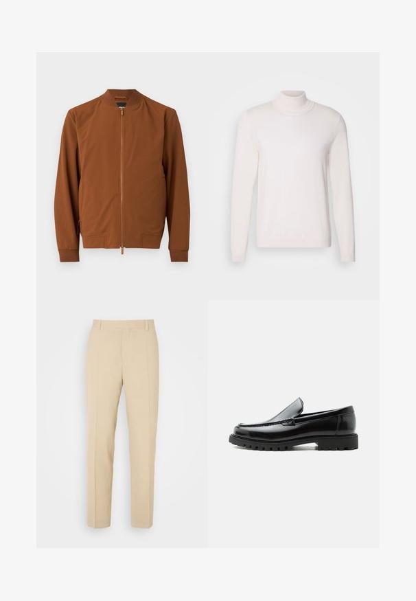 Blouson bomber marron en tissu lisse. Il comporte une fermeture éclair, un col côtelé, des poignets élastiques et deux poches latérales.; Pull à col roulé rose clair avec des manches longues, texture douce, col et poignets côtelés, présentant un design classique et ajusté.; Pantalons beige ajustés avec une coupe droite, fabriqués en tissu léger, dotés de deux poches avant et de plis bien repassés.; Mocassin en cuir noir avec semelle en caoutchouc épaisse, dessus cousu et nom de marque embossé sur le talon, présenté de profil sur fond blanc.