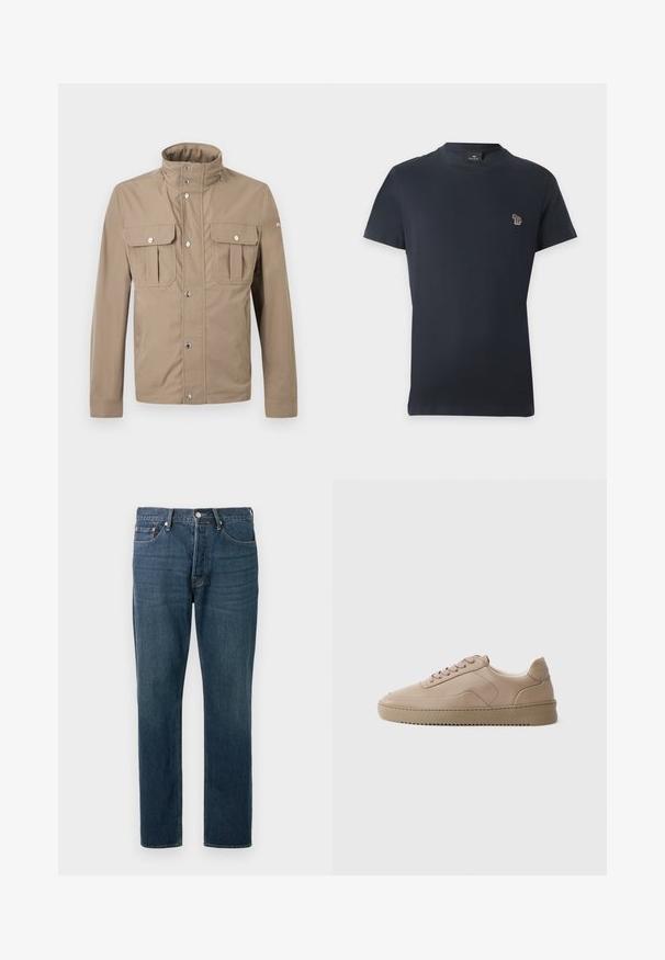 Veste beige pour homme avec col montant, boutons pression à l'avant, deux poches à rabat sur la poitrine avec boutons, et manches longues.; T-shirt bleu marine à manches courtes et col rond avec un petit logo éléphant multicolore sur la poitrine gauche.; Jean en denim bleu foncé avec une coupe droite, cinq poches et des coutures apparentes. Doté d'un bouton en métal et d'une fermeture éclair.; Baskets en cuir beige avec lacets plats, finition lisse et semelle extérieure en caoutchouc texturé. Coutures sur le panneau latéral et design de orteil arrondi.