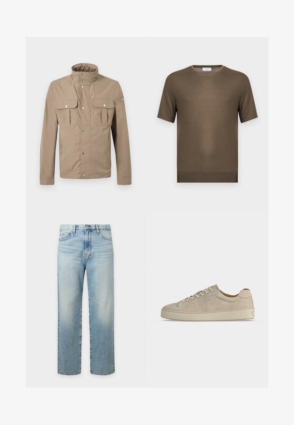 Veste beige pour homme avec col montant, boutons pression à l'avant, deux poches à rabat sur la poitrine avec boutons, et manches longues.; Pull en maille vert olive à manches courtes avec encolure ronde et ourlet côtelé, présenté sur fond blanc uni.; Jeans en denim bleu clair à coupe droite avec poches avant, passants pour ceinture et fermeture par bouton.; Baskets basses beiges en daim avec fermeture lacée et semelle épaisse en caoutchouc, vues de profil sur fond blanc uni.