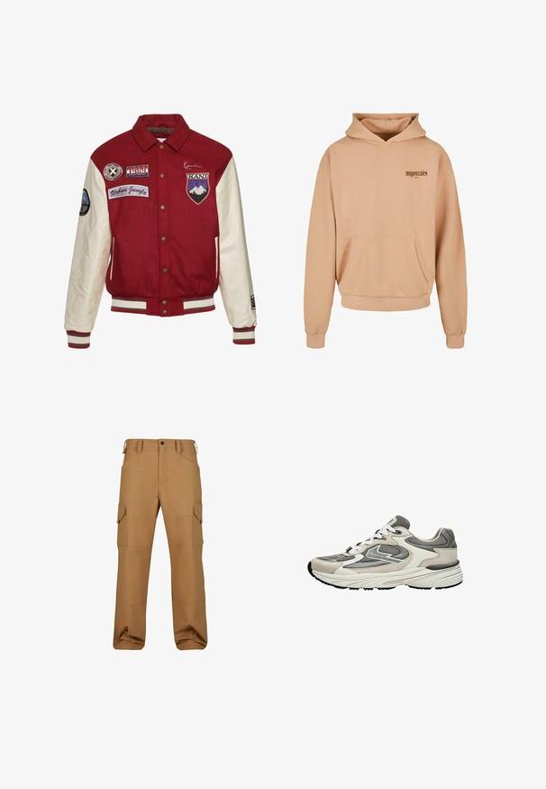 Karl Kani CHEST SIGNATURE BLOCKCOLLEGE - Bomberjacks - darkred offwhite; Beige hoodie met een voorzak, geribde manchetten en zoom, met een donkerbruine tekstlogo op de linkerkant van de borst. Zachte stofstructuur.; Bruine cargobroek gemaakt van duurzaam materiaal, met meerdere zakken, een relaxte pasvorm en versterkte stikseldetails.; Lichtgrijze en witte sportieve sneaker met mesh- en suèdepanelen, witte veters en een dikke gevoerde zool, zijaanzicht.