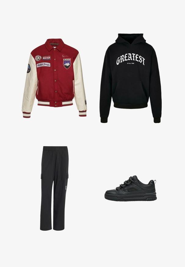 Karl Kani CHEST SIGNATURE BLOCKCOLLEGE - Bomberjacks - darkred offwhite; Zwarte hoodie van katoen, met een voorzak, ribgebreide manchetten en onderrand, en witte tekst "GREATEST OF ALL TIME" op de borst.; Zwarte broek met rechte pijpen, elastische taille en cargozakken aan beide zijden, met een klein wit logo op de rechterzak.; Zwarte lage sneaker met dikke zool, gevoerde kraag, meshpanelen en dikke veters, afgebeeld tegen een witte achtergrond.