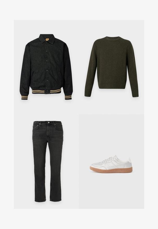 Sort denimjakke med knaplukning foran, ribbede manchetter og elastisk talje. Har krave og sidelommer.; Mørkegrøn ribstrikket sweater med rund hals, lange ærmer og en tætsiddende kant. Fremstillet af et tekstureret strikket materiale.; Sorte denimjeans med lige ben, fem lommer og bæltestropper, knaplukning foran og synlige syningsdetaljer.; Sølv sneakers med en glat overflade, snørebånd, perforerede detaljer og en struktureret brun gummi sål.