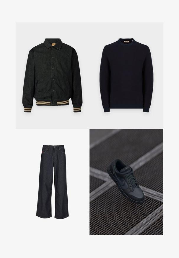 Sort denimjakke med knaplukning foran, ribbede manchetter og elastisk talje. Har krave og sidelommer.; Mørkeblå strikket sweater med rund hals, ribbede manchetter og kant. Har et struktureret stof med et subtilt mønster.; Mørkeblå vidde jeans lavet af denim, med et klassisk design med fem lommer, kontrastsyning og en knapgylp.; Sorte læder Nike sneakers med rund tå, perforeret vamp og tekstureret gummisål. Inkluderer snørebånd og diskret branding.