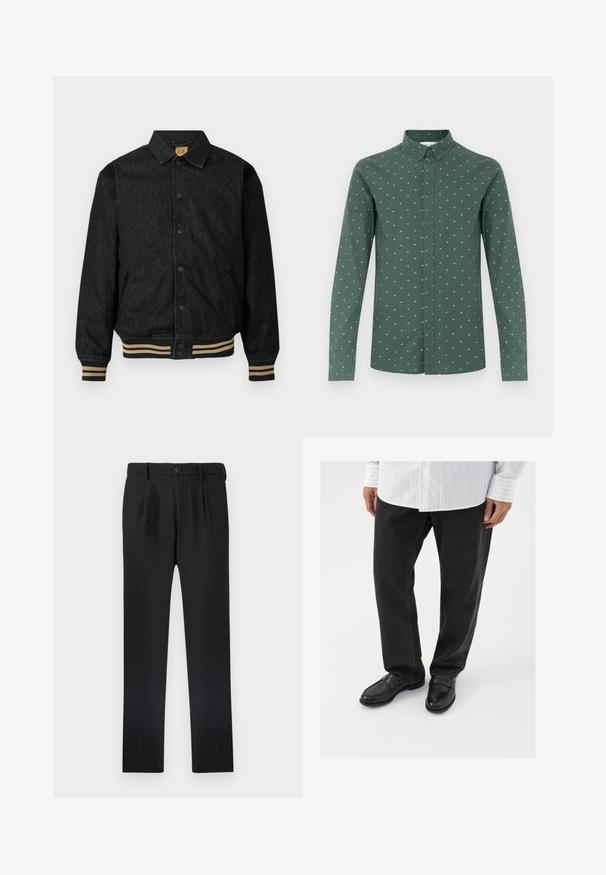 Sort denimjakke med knaplukning foran, ribbede manchetter og elastisk talje. Har krave og sidelommer.; Grøn langærmet skjorte med button-down krave, der har et subtilt mønster af små lyseblå diamanter og en lige kant.; Sorte bukser lavet af tekstureret stof, med knaplukning, to forreste læg og lige ben.; Sorte denimbukser parret med skinnende sorte loafers. Skjorten er hvid med tynde lodrette striber, har lange ærmer og en knapkrave.