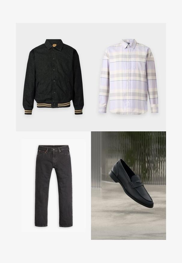Sort denimjakke med knaplukning foran, ribbede manchetter og elastisk talje. Har krave og sidelommer.; Langærmet skjorte med knapper i lyse lilla, grå og creme ternet mønster og en brystlomme på hvid baggrund.; Sorte straight-leg denim jeans med fem lommer, knaplukning og copper nitter liggende fladt på en hvid baggrund.; Sort læderloafer med glat finish, spids tå og sømdetaljer over vristen. Lav hæl og minimalistisk design.