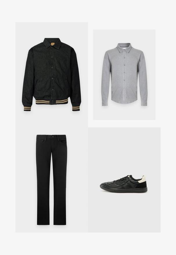 Sort denimjakke med knaplukning foran, ribbede manchetter og elastisk talje. Har krave og sidelommer.; Grå langærmet skjorte lavet af blødt stof med en krave, knapper foran og buet kant. Enkel design uden mønstre.; Sorte jeans med lige ben, fem lommer, bæltestropper og knaplukning i taljen, vist mod en ensfarvet baggrund.; ALDO THEPITCH - Sneakers - black