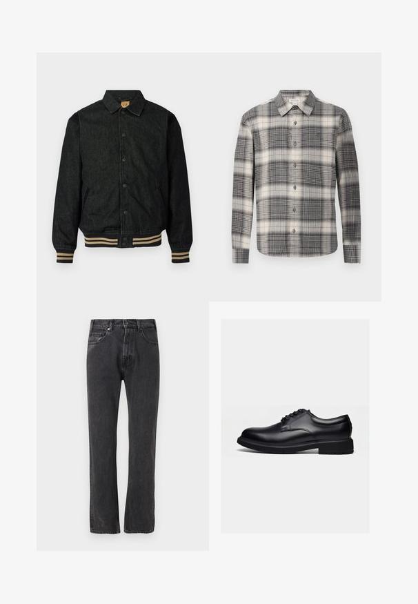 Sort denimjakke med knaplukning foran, ribbede manchetter og elastisk talje. Har krave og sidelommer.; Langærmet ternet skjorte i sort og creme. Har knaplukning foran, klassisk krave og varierende ternede mønster. Blødt stof.; Sorte jeans med lige ben, frontknap og lynlås, for- og baglommer, vist mod en hvid baggrund.; Sort poleret lædersko med snøredesign og tyk gummisål, vist fra siden på en ensartet lys baggrund.