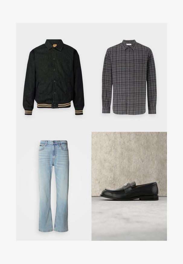 Sort denimjakke med knaplukning foran, ribbede manchetter og elastisk talje. Har krave og sidelommer.; Sort og grå ternet skjorte med knapper, lange ærmer, brystlomme, klassisk krave og let stofstruktur.; Lyseblå denimjeans med lige ben, der har fem lommer, knaplukning og en subtil falmning på stoffet.; Sort læderloafer med metalbrandskilt hvilende nær et brunt rundt bord på beige tæppe.