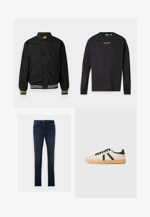 Veste en denim noir avec un devant à boutons, des poignets côtelés et une taille élastique. Dispose d'un col et de poches latérales.; T-shirt noir à manches longues avec col rond et texte blanc "Leave blank" centré sur la poitrine, affiché sur un fond gris clair uni.; Jean slim bleu foncé avec bouton et fermeture éclair à l'avant, design à cinq poches et légère décoloration au niveau des cuisses.; Baskets décontractées en crème avec des rayures noires, présentant un dessus texturé et une semelle en caoutchouc. Les lacets sont noirs. Logo discret sur le côté.