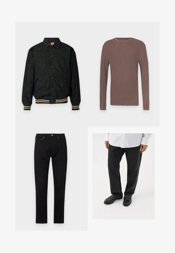 Sort denimjakke med knaplukning foran, ribbede manchetter og elastisk talje. Har krave og sidelommer.; Langærmet, ribstrikket skjorte i brun med rund halsudskæring og tilpassede manchetter. Fremstillet af struktureret stof for komfort og varme.; Sorte denimjeans med lige ben, der har kobbernitter, en frontknaplukning og et klassisk fem-lommemønster.; Sorte denimbukser parret med skinnende sorte loafers. Skjorten er hvid med tynde lodrette striber, har lange ærmer og en knapkrave.