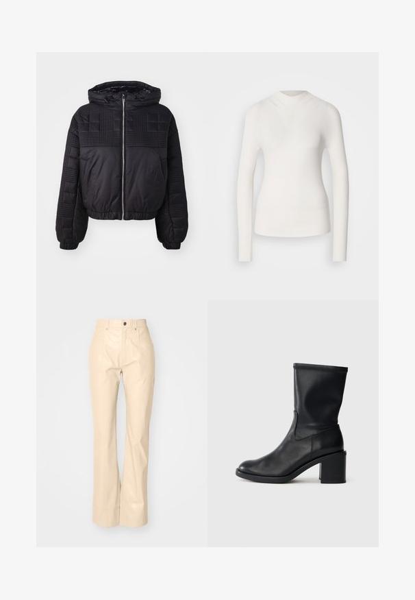 Veste matelassée noire avec une texture piquée, une capuche et des poignets élastiques. Elle dispose d'une fermeture éclair à l'avant et d'un design court.; Haut à manches longues blanc avec un col haut, texture côtelée et design ajusté. Présente un aspect sans couture et une subtile forme en V à l'avant.; Pantalons évasés en simili cuir beige avec une texture lisse, dotés de poches avant, d'une fermeture à bouton et d'une finition légèrement brillante.; Botte en cuir noir à cheville avec un bout rond, texture lisse et un talon épais, présentant un tige ajustée et un subtil détail de couture.