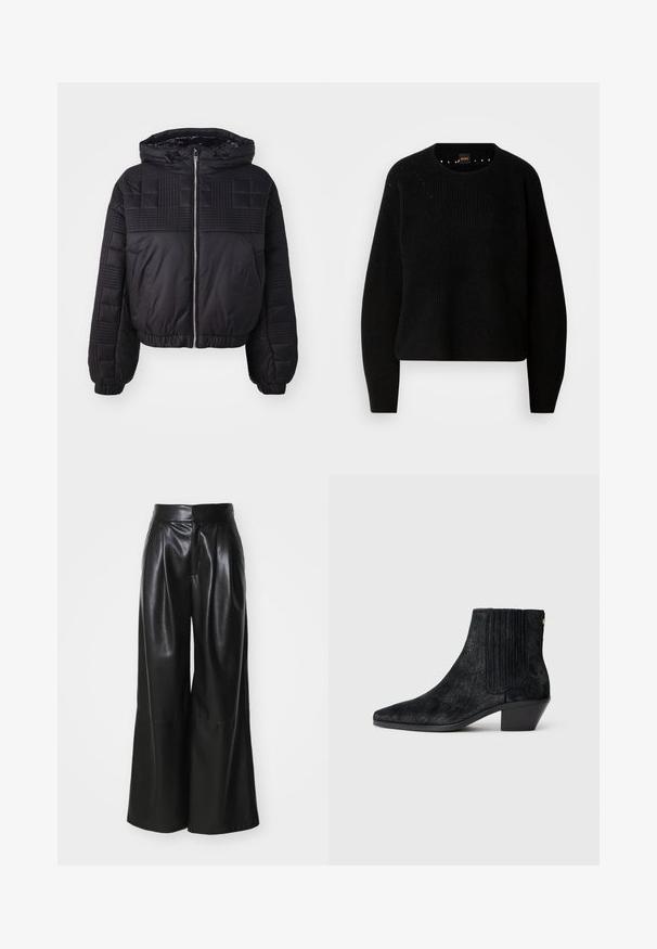 Veste matelassée noire avec une texture piquée, une capuche et des poignets élastiques. Elle dispose d'une fermeture éclair à l'avant et d'un design court.; Pull en maille noir avec un col rond et une texture côtelée. Présente des détails subtils autour de l'encolure et des manches longues et droites.; Pantalons large en faux cuir noir, taille haute, avec un devant plissé et une texture lisse. Caractéristiques d'un design épuré et minimaliste.; Bottine noire à bout pointu, en matériau texturé imitant les cheveux, avec un panneau latéral à nervures et un petit talon carré. Un design simple et moderne.