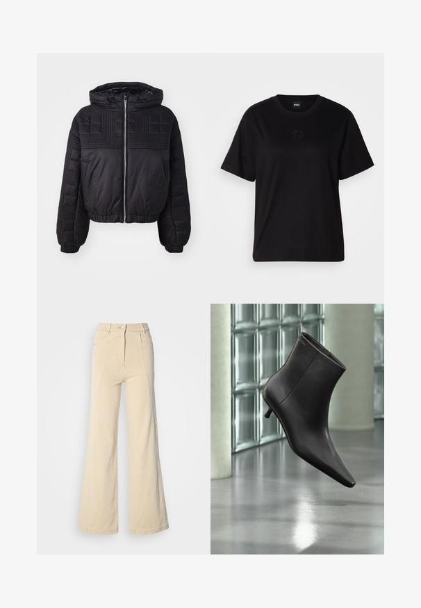 Veste matelassée noire avec une texture piquée, une capuche et des poignets élastiques. Elle dispose d'une fermeture éclair à l'avant et d'un design court.; T-shirt en coton noir avec un col rond, des manches courtes et un logo brodé sur la poitrine. Coupe simple et décontractée sans motifs.; Jeans beige à jambes larges avec taille haute, poches avant, et couture contrastée, dotés d'une fermeture à bouton et d'une texture en coton lisse.; Bottine en cuir noir avec bout pointu et petit talon, présentée devant un mur en blocs de verre et un sol poli.
