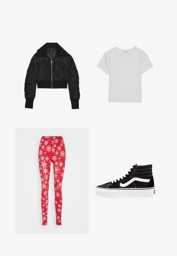 Sort cropped bomberjakke med lynlås foran, bred krave og ribbede manchetter, med en glat, shiny tekstur og polstret design.; Hvid kortærmet V-hals t-shirt lavet af ribbet stof. Har et rent design med en lige kant og minimal detaljer.; ONLY ONLXMAS ELFI - Leggings - urban red; Sorte høj-top sneakers med hvide snørebånd, et hvidt logo og kontrasterende hvid syning. Har en tyk hvid sål og struktureret ruskindsoverdel.