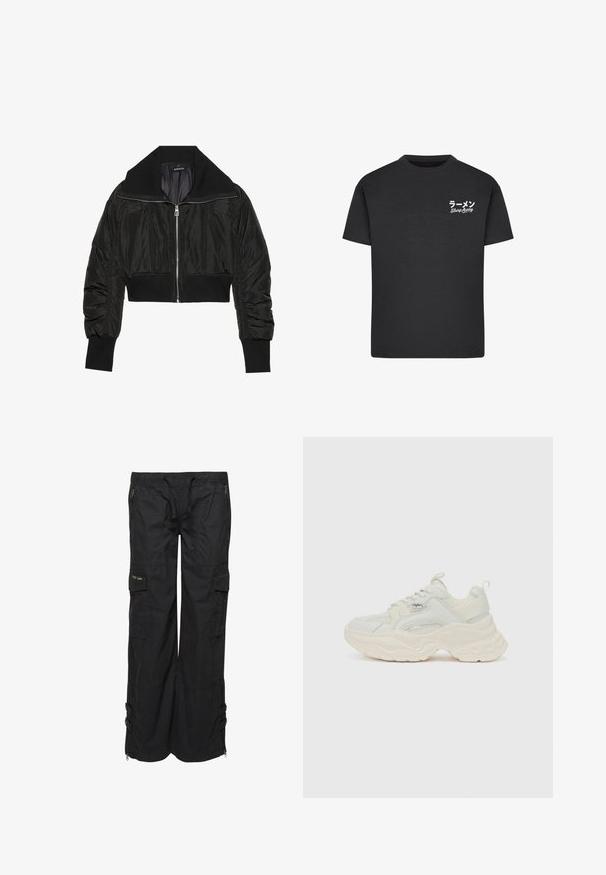 Sort cropped bomberjakke med lynlås foran, bred krave og ribbede manchetter, med en glat, shiny tekstur og polstret design.; Sort bomulds T-shirt med rund hals. Har hvid tekst, inklusive japanske tegn og "Slurp Away," på venstre brystområde.; Sorte cargo bukser lavet af letvægtsstof. Har elastisk talje, flere lommer og lynlåse i kanten. Tekstur overflade.; Chunky sneakers i off-white, med en tekstureret mesh og glat læderoverdel, samt en tyk, bølget sål og mærkeaccent.