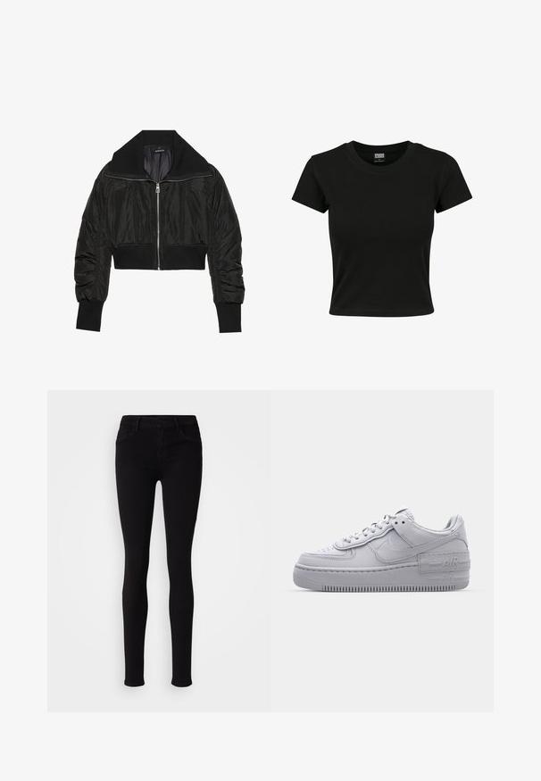 Sort cropped bomberjakke med lynlås foran, bred krave og ribbede manchetter, med en glat, shiny tekstur og polstret design.; Sort kortærmet t-shirt lavet af glat bomuldsstof, med rund halsudskæring og en tætsiddende pasform. Ingen synlige mønstre eller accenter.; Sorte slim-fit bukser med knaplukning, bæltestropper og frontlommer, vist mod en ensfarvet lys baggrund.; Grå Nike Air Force 1 sneakers med perforeret tå, glat læderoverdel, tyk sål og præget 'AIR' detalje på hælen.