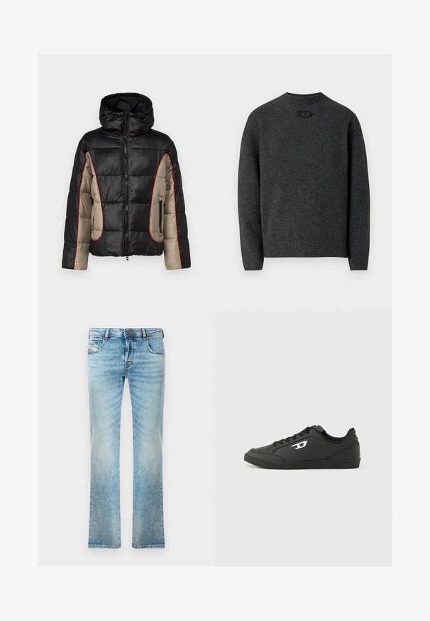 Sort og beige puffetjakke med hætte, der har quiltede paneler, rød kontrastsyning og lynlåsede sidelommer.; Mørkegrå sweater lavet af blødt strikket stof med rund halsudskæring og ribstrikkede manchetter og kant. Har et lille logodetalje på ryggen.; Lysblå denimjeans med lige ben, femlommesdesign og let slid. Inkluderer metalknap og lynlås lukning.; Sorte syntetiske sneakers med en struktureret sort sål, rund tå og flade sorte snørebånd. Fremtrædende hvidt logo på ydersiden.