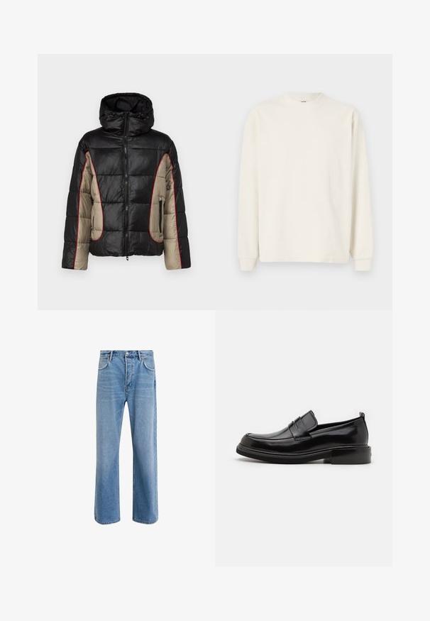 Schwarze und beige Daunenjacke mit Kapuze, ausgestattet mit gesteppten Paneelen, rotem Kontraststepp, und mit Reißverschlüssen versehenen Seitentaschen.; Langarm, geripptes Strickoberteil in Off-White mit Rundhalsausschnitt und enganliegenden Bündchen, das eine lockere Silhouette bietet.; Helle blaue Jeans im Geradeschnitt-Design, mit fünf Taschen, Knopfverschluss, minimaler Ausbleichung und kontrastierenden Nähdetails.; Calvin Klein MOCCASIN - Business-Slipper - black