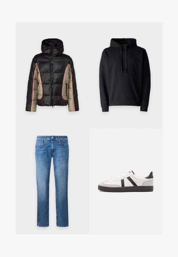 Sort og beige puffetjakke med hætte, der har quiltede paneler, rød kontrastsyning og lynlåsede sidelommer.; Sort hætte sweatshirt lavet af blødt stof, med en kængurulomme, ribbede manchetter og en justerbar snor i hætten.; Blå denimjeans med lige ben-design, der har fem lommer, knaplukning foran og synlige stiksøm detaljer i hele stoffet.; Hvide sneakers med sorte og grå detaljer, med en tekstureret grå tåhætte, sort gummisål og flade hvide snørebånd. Rent design, minimalistisk stil.