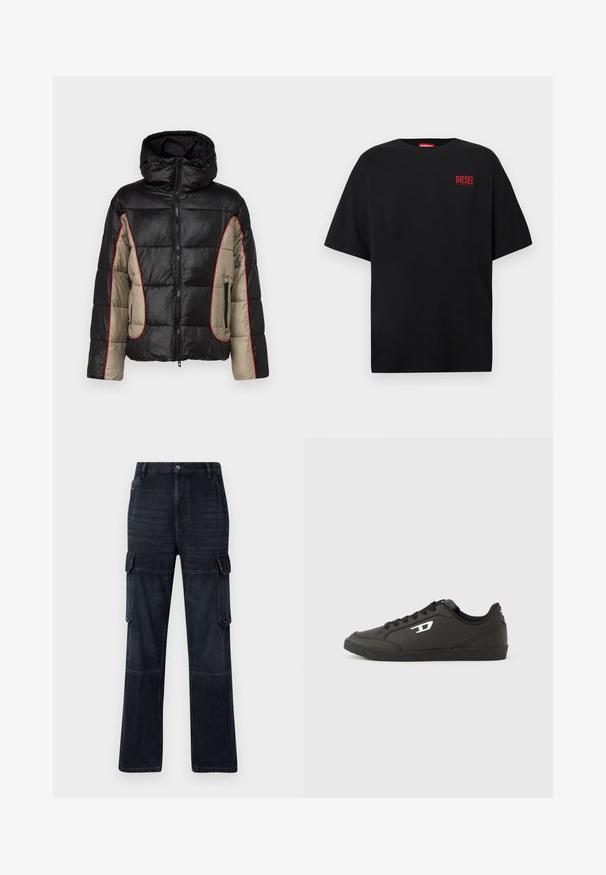Zwarte en beige pufferjack met capuchon, voorzien van gestikte panelen, rode contraststiksels en met rits afgesloten zijzakken.; Zwart T-shirt van katoen met korte mouwen, een ronde hals en een rood "DIESEL"-logo op de linkerborst.; Donkere denim cargo broek met een relaxte pasvorm, voorzien van twee zijzakken, kniestukken en contrasterende stiksels. Metalen knoopsluiting bij de tailleband.; Zwarte sneakers van synthetisch materiaal met een geribbelde zwarte zool, ronde neus en vlakke zwarte veters. Opvallend wit logomerk aan de buitenzijde.