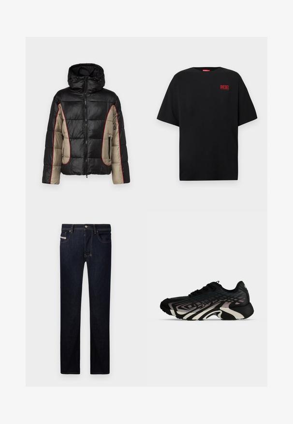 Doudoune noire et beige avec capuche, présentant des panneaux matelassés, des coutures contrastantes rouges et des poches latérales zippées.; T-shirt noir en coton, avec des manches courtes, un col rond, et un logo rouge "DIESEL" sur le côté gauche de la poitrine.; Jean en denim bleu foncé avec une coupe droite, comprenant cinq poches, des coutures contrastantes et un bouton en métal.; Basket de sport noire et grise avec des motifs géométriques superposés et une semelle épaisse et sculptée, vue de côté sur fond blanc.