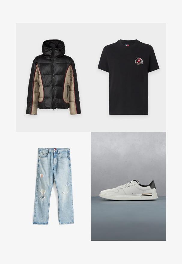 Schwarze und beige Daunenjacke mit Kapuze, ausgestattet mit gesteppten Paneelen, rotem Kontraststepp, und mit Reißverschlüssen versehenen Seitentaschen.; Schwarzes Baumwoll-T-Shirt mit kurzen Ärmeln und Rundhalsausschnitt, mit einem rot-weißen Grafikdruck, der "TOMMY JEANS NEW YORK CITY" sagt.; Helle blaue Denim-Jeans mit verwitterten Rissen und Patches. Gerader Schnitt mit sichtbaren Nähten und einem Knopfverschluss am Bund.; Weißer Sneaker mit niedrigem Schnitt und schwarzer Ferse, Schnürverschluss, dezenten Perforationen und "BOSS"-Logo an der Seite, gezeigt von der äußeren Seitenansicht.