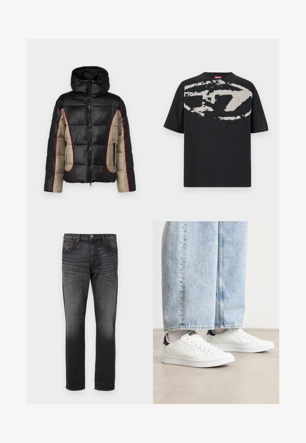 Schwarze und beige Daunenjacke mit Kapuze, ausgestattet mit gesteppten Paneelen, rotem Kontraststepp, und mit Reißverschlüssen versehenen Seitentaschen.; Schwarzes T-Shirt mit einem großen, abstrakten hellgrauen Grafik auf der Vorderseite. Mit kurzen Ärmeln und einem klassischen, runden Halsausschnitt. Aus Baumwolle.; Schwarze Jeans aus Denim mit geradem Bein, fünf Taschen, dezenter Ausbleichung und einem kleinen roten Stoffetikett an der Vordertasche.; Weiße Sneaker mit einer glatten Ledertextur, schwarzen Fersenakzenten und perforierten Details. Kombiniert mit hellblauen, weiten Jeanshosen.