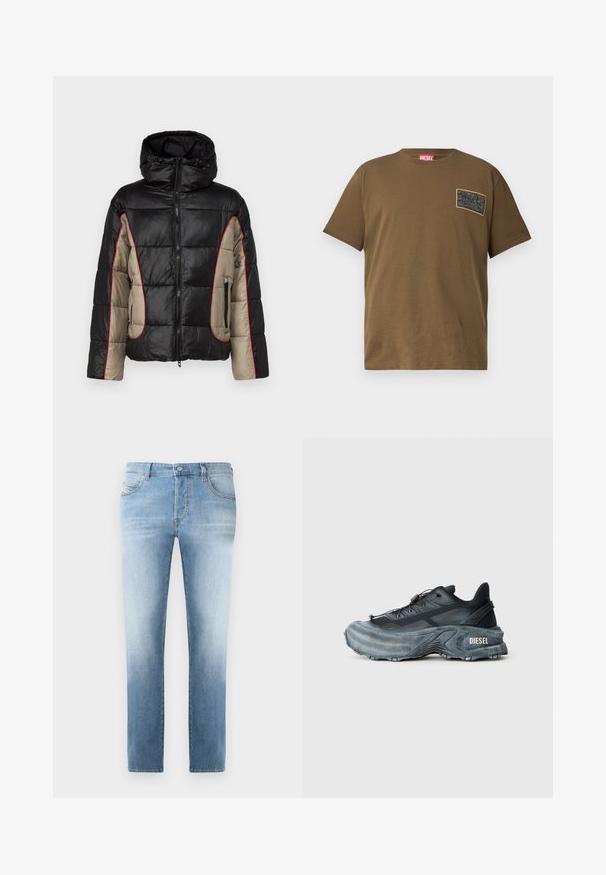 Schwarze und beige Daunenjacke mit Kapuze, ausgestattet mit gesteppten Paneelen, rotem Kontraststepp, und mit Reißverschlüssen versehenen Seitentaschen.; Braunes Baumwoll-T-Shirt mit Rundhalsausschnitt, das einen schwarzen Grafik-Patch auf der linken Brust hat. Kurze Ärmel und ein gerader Saum.; Hellblaue Jeans aus Denim mit leicht ausgewaschenem Finish, gerades Bein, fünf Taschen und metallischem Knopfverschluss am Bund.; Schwarz- und graue Diesel-Sneaker mit dicker Sohle, Schnürverschluss und strukturiertem Design auf einem schlichten hellgrauen Hintergrund.