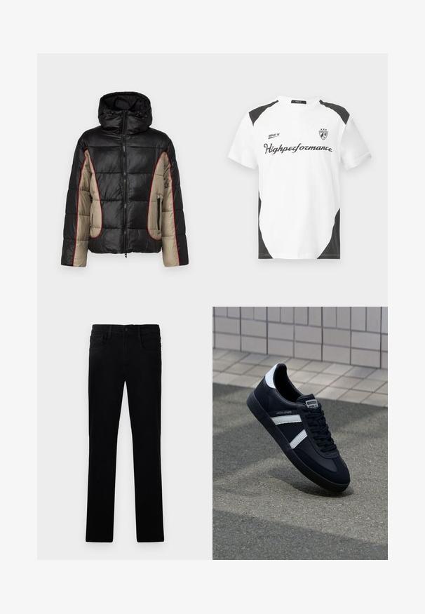 Schwarze und beige Daunenjacke mit Kapuze, ausgestattet mit gesteppten Paneelen, rotem Kontraststepp, und mit Reißverschlüssen versehenen Seitentaschen.; Weißes Kurzarm-T-Shirt mit schwarzen Akzenten. Verfügt über das Logo "REPLAY FC" und den Text "Highperformance" in einer sportlichen Schriftart. Hergestellt aus einem glatten Material.; Schwarze Denim-Jeans mit geradem Bein, ausgestattet mit einem vorderen Knopf- und Reißverschluss, fünf Taschen und dezenten Stichdetails.; Schwarze Leder-Sneaker mit weißen Streifen, strukturiertem Gummisohle und Schnürung. Verfügt über ein Markenetikett auf der Zunge.