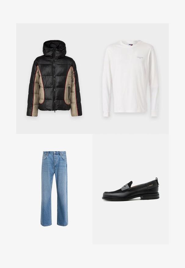 Schwarze und beige Daunenjacke mit Kapuze, ausgestattet mit gesteppten Paneelen, rotem Kontraststepp, und mit Reißverschlüssen versehenen Seitentaschen.; Weißes langärmliges Rundhals-Shirt mit kleinem "Tommy Jeans" Text und Flaggenlogo auf der linken oberen Brust.; Helle blaue Jeans im Geradeschnitt-Design, mit fünf Taschen, Knopfverschluss, minimaler Ausbleichung und kontrastierenden Nähdetails.; Schwarzer Lederloafer mit grauem Riemendetail, niedrigem Absatz und strukturierter Sohle, seitlich mit „HUGO“ in Gold gebrandmarkt.