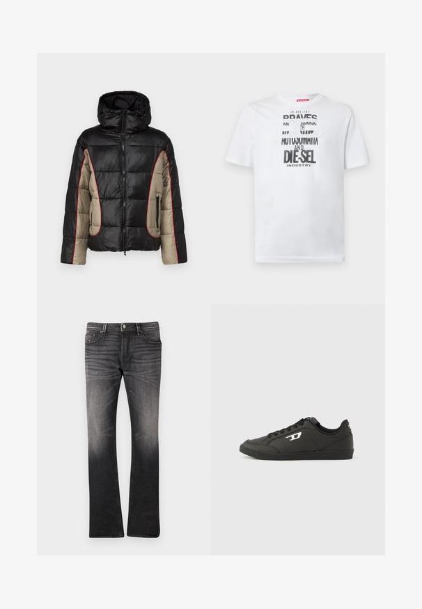 Sort og beige puffetjakke med hætte, der har quiltede paneler, rød kontrastsyning og lynlåsede sidelommer.; Hvid bomulds-T-shirt med fed sort typografi med ordene "BRAVES" og "DIE-SEL INDUSTRY" samt et semi-transparent udskåret design.; Sorte denimjeans med et let falmet mønster. Tætsiddende design, lige ben, fem-lomme stil og knaplukning i taljen.; Sorte syntetiske sneakers med en struktureret sort sål, rund tå og flade sorte snørebånd. Fremtrædende hvidt logo på ydersiden.
