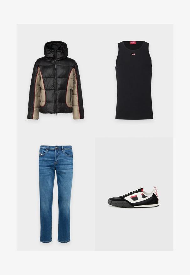 Chaqueta acolchada negra y beige con capucha, que presenta paneles acolchados, costuras rojas de contraste y bolsillos laterales con cremallera.; Camiseta sin mangas negra de Diesel con pequeño logo rojo y blanco en el pecho y etiqueta roja de Diesel dentro del cuello.; Vaqueros de mezclilla azul con corte recto, cinco bolsillos y cierre de botón. Presenta un sutil pespunte en contraste y una textura suave.; Diesel S PAGODHA LOW - Zapatillas - black