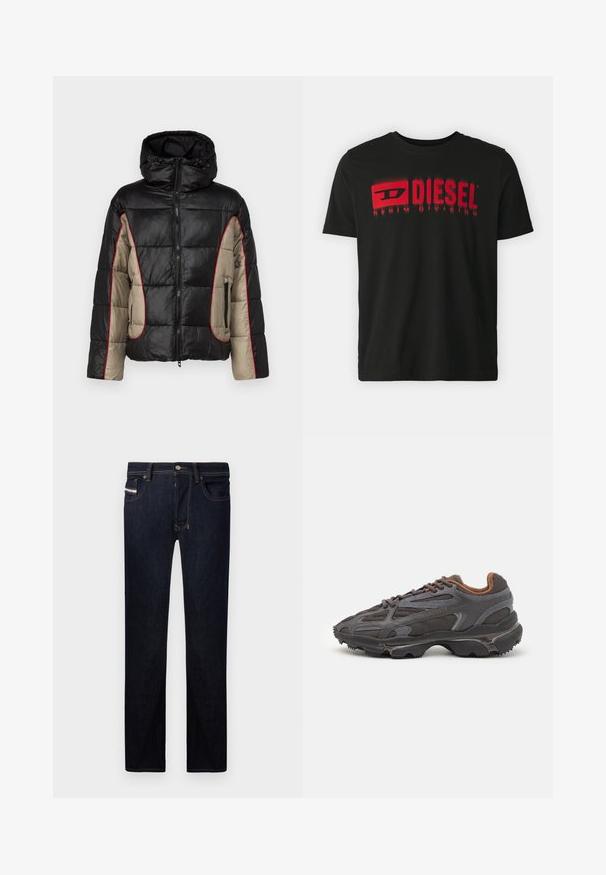 Chaqueta acolchada negra y beige con capucha, que presenta paneles acolchados, costuras rojas de contraste y bolsillos laterales con cremallera.; Camiseta de algodón negra con logo rojo "DIESEL" y texto "DENIM DIVISION". Manga corta, cuello redondo, textura suave, corte relajado.; Pantalones vaqueros de mezclilla azul oscuro con corte recto, que cuentan con cinco bolsillos, costuras en contraste y cierre de botón metálico.; Zapatillas Lacoste en gris oscuro con material de malla y sintético, que cuentan con una suela texturizada y detalles en marrón en el cuello y la marca.