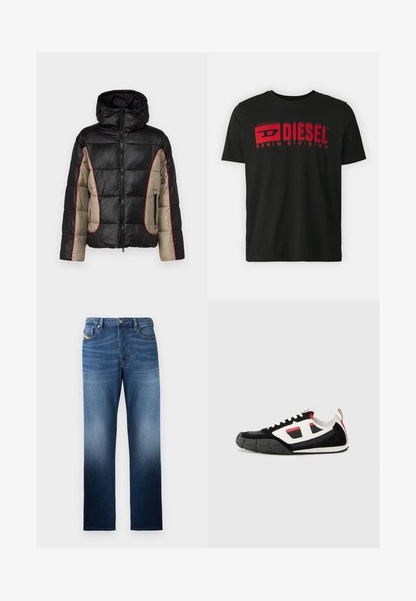 Schwarze und beige Daunenjacke mit Kapuze, ausgestattet mit gesteppten Paneelen, rotem Kontraststepp, und mit Reißverschlüssen versehenen Seitentaschen.; Schwarzes Baumwoll-T-Shirt mit rotem "DIESEL"-Logo und dem Text "DENIM DIVISION". Kurze Ärmel, Rundhalsausschnitt, glatte Textur, lockere Passform.; Dunkelblaue Jeans aus Denim mit geradem Bein und einem ausgewaschenen Effekt. Enthält einen Frontknopfverschluss und Taschen.; Diesel S PAGODHA LOW - Sneaker low - black
