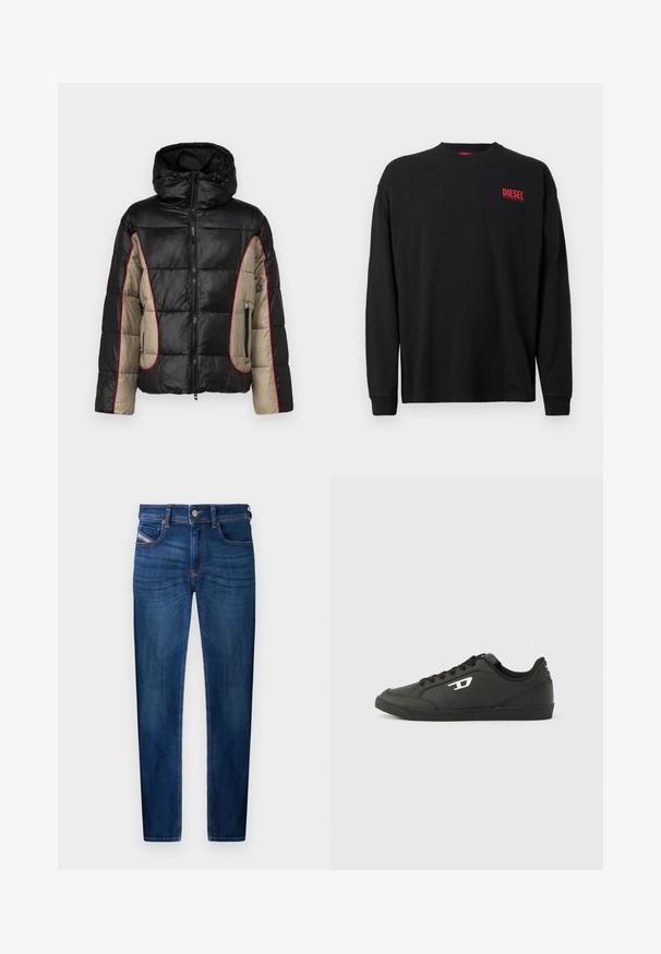 Schwarze und beige Daunenjacke mit Kapuze, ausgestattet mit gesteppten Paneelen, rotem Kontraststepp, und mit Reißverschlüssen versehenen Seitentaschen.; Schwarzes langärmliges T-Shirt aus Baumwolle mit Rundhalsausschnitt. Verfügt über ein kleines rotes "DIESEL"-Logo auf der linken Brust. Reguläre Passform.; Dunkelblaue Jeans aus Denim mit geradem Bein, Fünf-Taschen-Design, sichtbaren Nähdetails und Metallknopfverschluss.; Schwarze Sneakers aus synthetischem Material mit einer strukturierten schwarzen Sohle, rundem Zehenbereich und flachen schwarzen Schnürsenkeln. Auffälliges weißes Logo auf der Außenseite.