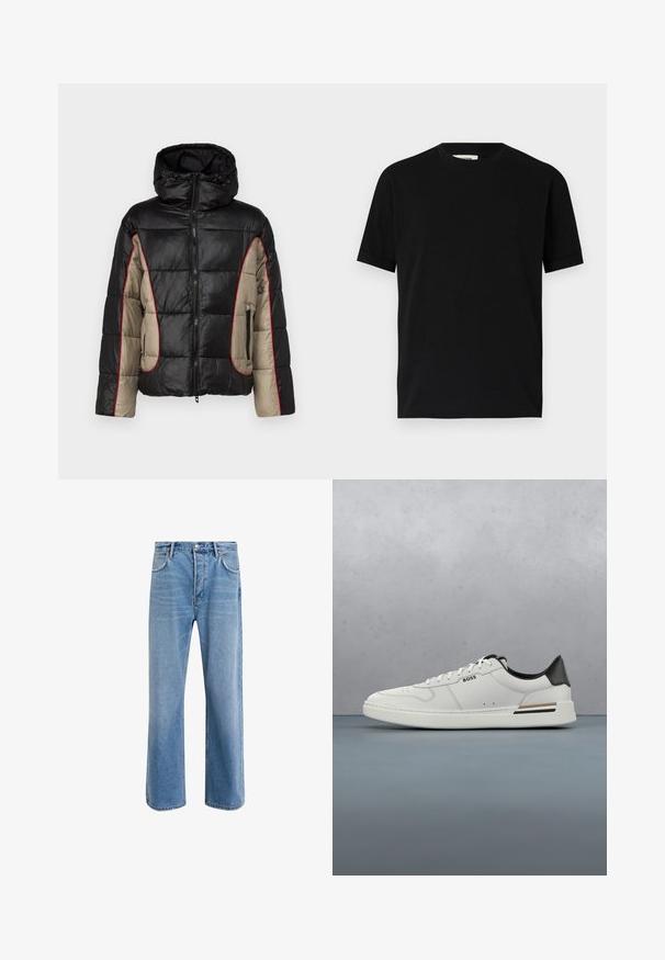 Schwarze und beige Daunenjacke mit Kapuze, ausgestattet mit gesteppten Paneelen, rotem Kontraststepp, und mit Reißverschlüssen versehenen Seitentaschen.; Schwarzes kurzärmliges T-Shirt aus Baumwolle mit Rundhalsausschnitt und lockerer Passform. Sanfte Textur, keine Muster oder sichtbaren Logos.; Helle blaue Jeans im Geradeschnitt-Design, mit fünf Taschen, Knopfverschluss, minimaler Ausbleichung und kontrastierenden Nähdetails.; Weißer Sneaker mit niedrigem Schnitt und schwarzer Ferse, Schnürverschluss, dezenten Perforationen und "BOSS"-Logo an der Seite, gezeigt von der äußeren Seitenansicht.