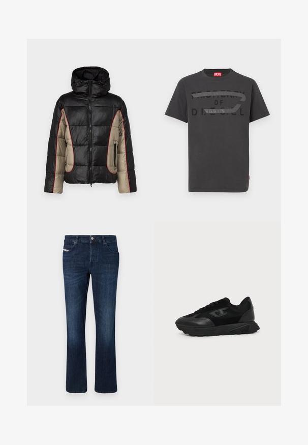 Schwarze und beige Daunenjacke mit Kapuze, ausgestattet mit gesteppten Paneelen, rotem Kontraststepp, und mit Reißverschlüssen versehenen Seitentaschen.; Graues Baumwoll-T-Shirt mit fettem schwarzem Text "PROPERTY OF D.I.E.S.E.L.", glatter Textur und kurzen Ärmeln.; Dunkelblaue Denim-Jeans mit geradem Schnitt. Verfügt über fünf Taschen, einen Metallknopfverschluss und dezente Nähte an der Gesäßtasche.; Schwarzer Low-Top-Sneaker mit strukturierter Sohle, Mesh- und Lederoberseite, Schnürung vorne und kleinem eingeprägtem Logo auf dem Seitenpanel.