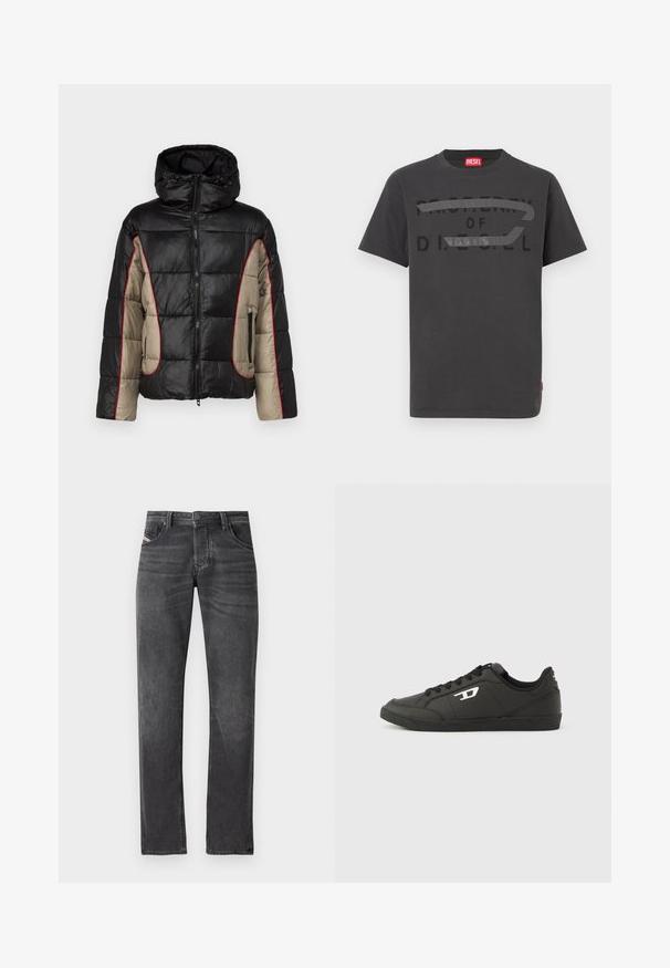 Schwarze und beige Daunenjacke mit Kapuze, ausgestattet mit gesteppten Paneelen, rotem Kontraststepp, und mit Reißverschlüssen versehenen Seitentaschen.; Graues Baumwoll-T-Shirt mit fettem schwarzem Text "PROPERTY OF D.I.E.S.E.L.", glatter Textur und kurzen Ärmeln.; Dunkelgraue Denim-Jeans mit geradem Bein, fünf Taschen, einem metallischen Knopfverschluss und subtiler Ausbleichung auf der Stoffoberfläche.; Schwarze Sneakers aus synthetischem Material mit einer strukturierten schwarzen Sohle, rundem Zehenbereich und flachen schwarzen Schnürsenkeln. Auffälliges weißes Logo auf der Außenseite.