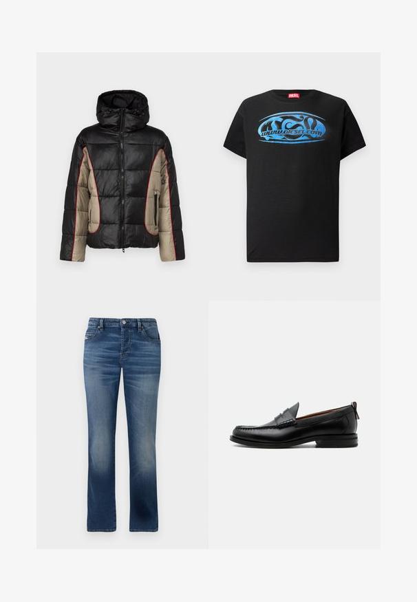Schwarze und beige Daunenjacke mit Kapuze, ausgestattet mit gesteppten Paneelen, rotem Kontraststepp, und mit Reißverschlüssen versehenen Seitentaschen.; Schwarzes T-Shirt mit kurzen Ärmeln aus Baumwolle, das ein blaues Grafik-Logo-Design mit dem Text "www.diesel.com" auf der Front zeigt.; Dunkelblaue Jeans aus Denim mit geradem Bein, ausgestattet mit Fronttaschen, dezentem Verblassen und einem klassischen Knopfverschluss an der Taille.; Schwarzer Leder-Herrenschuh mit Mokassinnaht, Penny-Riemen, strukturiertem Kragen und niedrigem gestapeltem Absatz auf weißem Hintergrund.