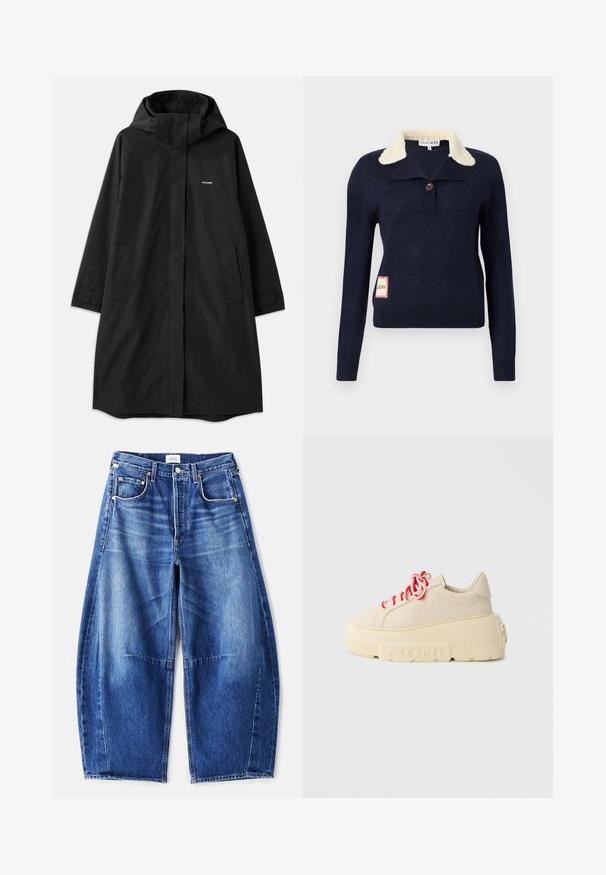 Schwarzer wasserdichter Mantel mit Kapuze, langen Ärmeln, seitlichen Taschen und vorderem Reißverschluss. Hat ein minimalistisches Design mit dem Markenlogo auf der Brust.; Navyblauer Pullover mit langen Ärmeln, cremefarbenem, strukturiertem Kragen, einem einzelnen Knopf am Hals und einem kleinen rechteckigen Aufnäher an der unteren Seite.; Weite blaue Jeans aus Denim mit einem verwaschenen Finish, ausgestattet mit fünf Taschen, Kupfernieten und einem Reißverschluss. Der Stoff ist strukturiert und robust.; Beige Plateausneaker mit strukturierter Gummisohle, ausgestattet mit einem glatten Lederoberteil und kontrastierenden roten Schnürsenkeln. Geprägtes Markenlogo auf der Sohle.