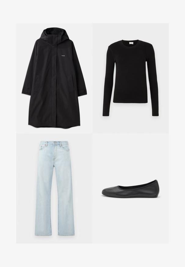 Zwarte waterdichte jas met capuchon, lange mouwen, zijzakken en rits aan de voorkant. Heeft een minimalistisch ontwerp met een merklogo op de borst.; Zwarte lange mouwen T-shirt gemaakt van zachte, gladde stof. Heeft een ronde halslijn en een aansluitende vorm, zonder zichtbare patronen of accenten.; Lichtblauwe denim jeans met een hoge taille, wijde pijpen en subtiele vervaging. Bevat klassieke vijf-vakken stijl en tonale stikselaccenten.; Zwarte leren ballerina met een ronde neus, gladde textuur, minimale stikdetails en een flexibele zoolontwerp.