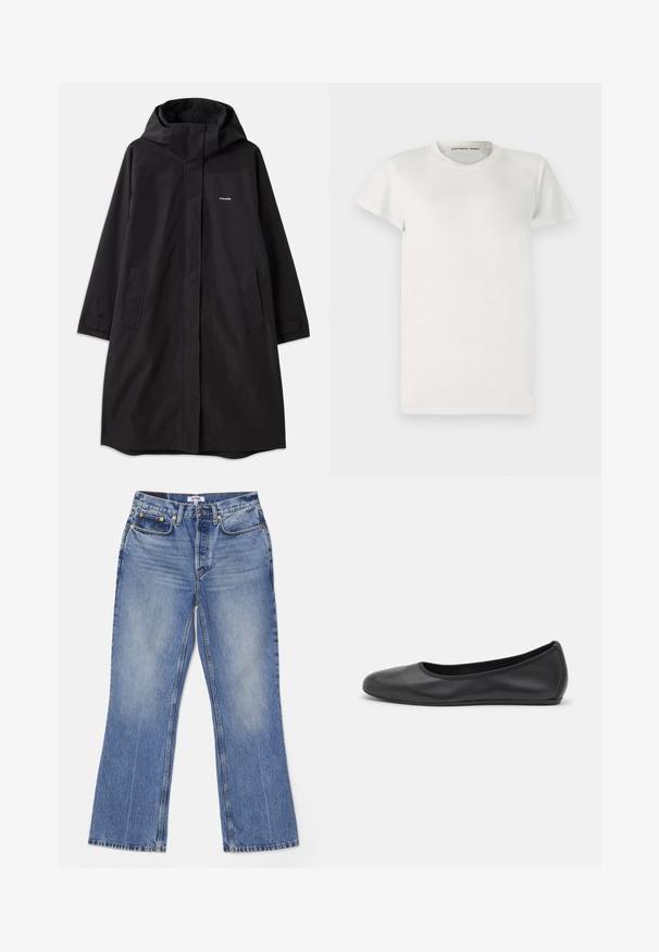 Manteau noir imperméable avec capuche, manches longues, poches latérales et fermeture éclair à l'avant. Présente un design minimaliste avec le logo de la marque sur la poitrine.; T-shirt blanc à manches courtes en coton avec un col rond et une coupe simple. Les étiquettes affichent "DESIGNERS REMIX" à l'intérieur du col.; RE/DONE LOOSE - Jean bootcut - hacienda; Ballerines en cuir noir avec un bout rond, texture lisse, détails de couture minimalistes et design de semelle flexible.