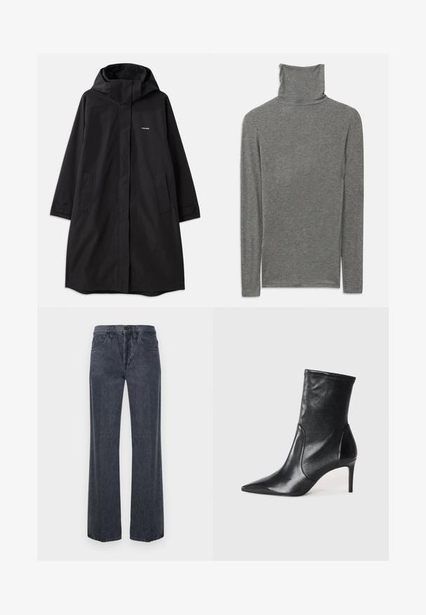 Manteau noir imperméable avec capuche, manches longues, poches latérales et fermeture éclair à l'avant. Présente un design minimaliste avec le logo de la marque sur la poitrine.; Chandail à col roulé gris à manches longues en tissu doux et texturé. Il présente un design à col haut et une silhouette ajustée.; Jean droit en denim gris foncé avec fermeture boutonnée et zip à l'avant, passants pour ceinture et poches avant.; Bottes noires à la cheville en cuir lisse, dotées d'un bout pointu, d'un tige ajustée et d'un talon haut fin. Design minimaliste sans quincaillerie visible.
