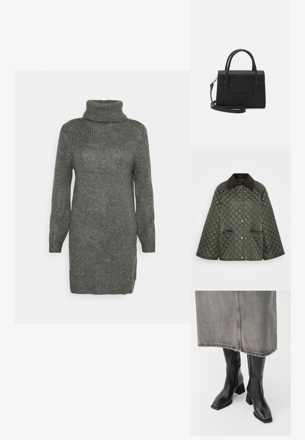 Chaqueta acolchada de color verde oliva con un cuello de pana marrón, cierres a presión y dos bolsillos laterales. El diseño es relajado con mangas anchas.; JDY Petite DYDINEA - Vestido de punto - light grey; Botas negras hasta la rodilla de cuero liso con punta cuadrada y tacón cuadrado. Llevadas con una falda de mezclilla gris con dobladillo desflecado.; Bolso estructurado negro de cuero con un asa superior, correa de hombro desmontable y un detalle de tapa en la parte frontal. Acentos en dorado.