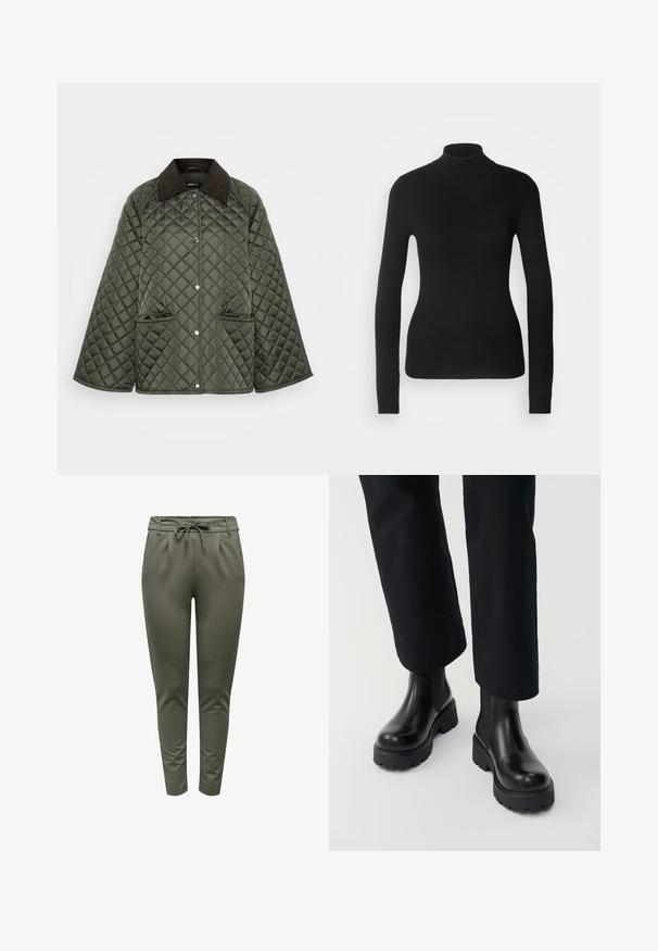 Chaqueta acolchada de color verde oliva con un cuello de pana marrón, cierres a presión y dos bolsillos laterales. El diseño es relajado con mangas anchas.; Suéter negro de cuello alto hecho de un tejido de punto ligero. Presenta mangas largas, un diseño ajustado y una suave textura acanalada.; Pantalones cónicos color verde oliva con cintura elástica y cordón ajustable, bolsillos laterales y pinzas frontales, exhibidos sobre un fondo blanco.; Persona que lleva botas de tacón grueso de cuero negro combinadas con pantalones negros de pierna recta sobre un fondo blanco.