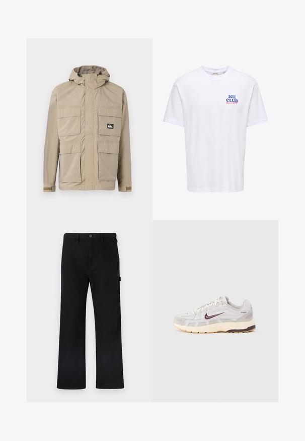 Veste imperméable beige avec capuche, dotée d'un zip à l'avant, de quatre grandes poches à l'avant et de poignets réglables. Tissu texturé avec un motif en grille.; T-shirt blanc à manches courtes avec texte bleu "ICE CLUB" et texte rouge "Born to Chill" sur la poitrine gauche. Aucun autre motif visible.; Pantalon en coton noir avec jambes droites, fermeture par boutons, passants pour ceinture et poches latérales. Texture lisse sans motifs apparents ni marque visible.; Chaussure de course pour homme en gris clair et crème avec une tige en mesh respirant, un logo Nike swoosh rouge foncé, un col rembourré et une semelle texturée.