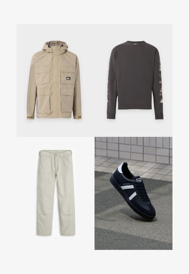 Beige wasserdichte Jacke mit Kapuze, ausgestattet mit einem Reißverschluss vorne, vier großen Fronttaschen und verstellbaren Bündchen. Strukturiertes Material mit einem Karomuster.; Dunkelgraues Langarmshirt mit Rundhalsausschnitt und weißen Grafikdrucken entlang beider Ärmel vor weißem Hintergrund.; Hellgraue Baumwollhosen mit geradem Schnitt, mehreren Taschen, verstärkten Kniepatches und kontrastierenden Nähten.; Schwarze Leder-Sneaker mit weißen Streifen, strukturiertem Gummisohle und Schnürung. Verfügt über ein Markenetikett auf der Zunge.